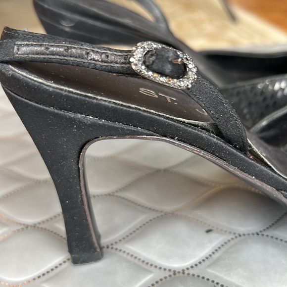 💕St. John Black Silk Satin Paillette Evening Slingbacks Rhinestone Buckles 7.5 - Picture 5 of 11